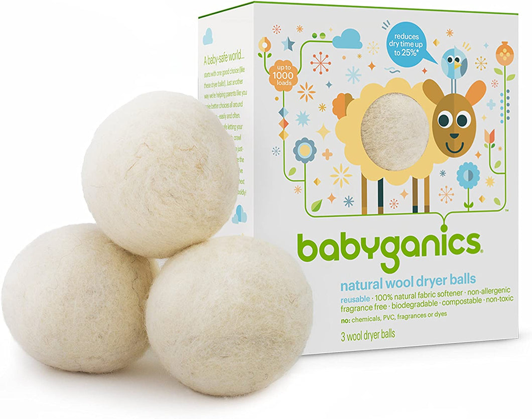 Babyganics Natural Wool Laundry Dryer Balls, 3 ct, Packaging May Vary