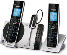 Load image into Gallery viewer, VTech DS6771-3 DECT 6.0 Expandable Cordless Phone with Connect to Cell, Siri and Google Now Access, Silver/Black, 2 Handsets and 1 Cordless Headset