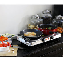 Load image into Gallery viewer, MegaChef Electric Easily Portable Heavy Duty Lightweight Dual Size Infrared Burner Cooktop Buffet Range in Sleek Steel
