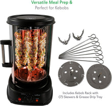 Load image into Gallery viewer, NutriChef Countertop Vertical Rotating Oven - Rotisserie Shawarma Machine, Kebob Machine, Stain Resistant &amp; Energy Efficient W/ Heat Resistant Door, Includes Kebob Rack with 7 Skewers (PKRTVG34)