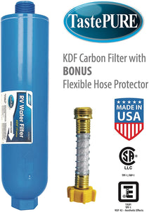 Camco TastePURE RV Water Filter with Flexible Hose Protector - Greatly Reduces Bad Taste, Odors, Chlorine and Sediment in Drinking Water