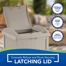 Load image into Gallery viewer, Suncast 33 Gallon Hideaway Trash Can for Patio - Resin Outdoor Trash with Lid - Use in Backyard, Deck, or Patio - Taupe