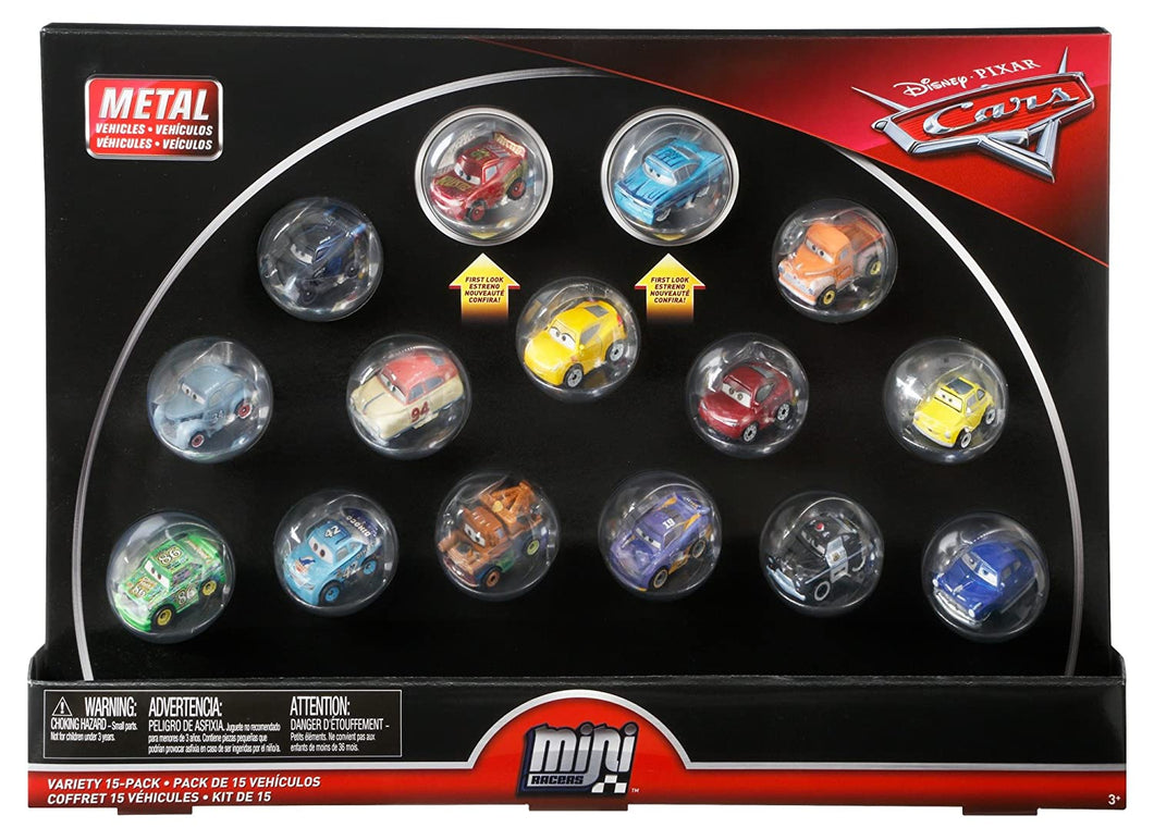 Disney Cars Diecast Mini Racers Variety 15-pack Including First-Look Metallic Rust-Eze Racing Center Lightning McQueen and Metallic Intro Ramone plus Jackson Storm, Cruz Ramirez, Mater, Smokey, 9 More