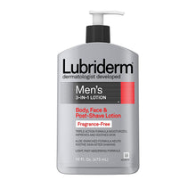 Load image into Gallery viewer, Lubriderm Men's 3-In-1 Unscented Lotion Enriched with Soothing Aloe for Body and Face, Non-Greasy Post Shave Moisturizer, Fragrance-Free, 16 fl. oz