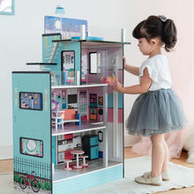 Load image into Gallery viewer, Teamson Kids - Dreamland Barcelona Wooden Pretend Play Doll House Dollhouse for 3.5" Doll with 10 Pieces of Furniture- Blue / White / Pink