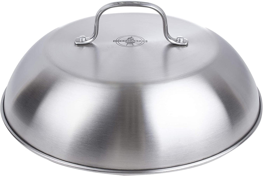 Chefmaster Grill Dome Covers, BBQ Grill Accessory Melts Cheese, Cooks Burgers Faster and Prevents Splatter, for Indoor or Outdoor Use, Stainless Steel with Wire Handle