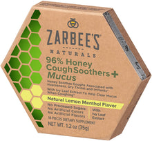 Load image into Gallery viewer, Zarbee's Naturals 96% Honey Cough Soothers + Mucus with Ivy Leaf Extract, Lemon Menthol Flavor, 14 Count