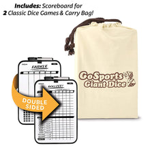 Load image into Gallery viewer, GoSports Giant 3.5&quot; Wooden Playing Dice Set with Bonus Rollzee Scoreboard (Includes 6 Dice, Dry-Erase Scoreboard and Canvas Carrying Bag)