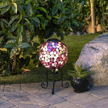 Load image into Gallery viewer, Alpine Corporation Outdoor Solar Powered Pink Glass Mosaic Gazing Globe with LED Lights and Metal Stand, Violet