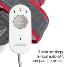 Load image into Gallery viewer, Sunbeam Flexfit Heating Pad Wrap for Pain Relief Customized Heating Pad for Multiple Areas Of The Body 3 Heat Settings With 2 Hour Auto-off 42 X 2.5", Grey/Red