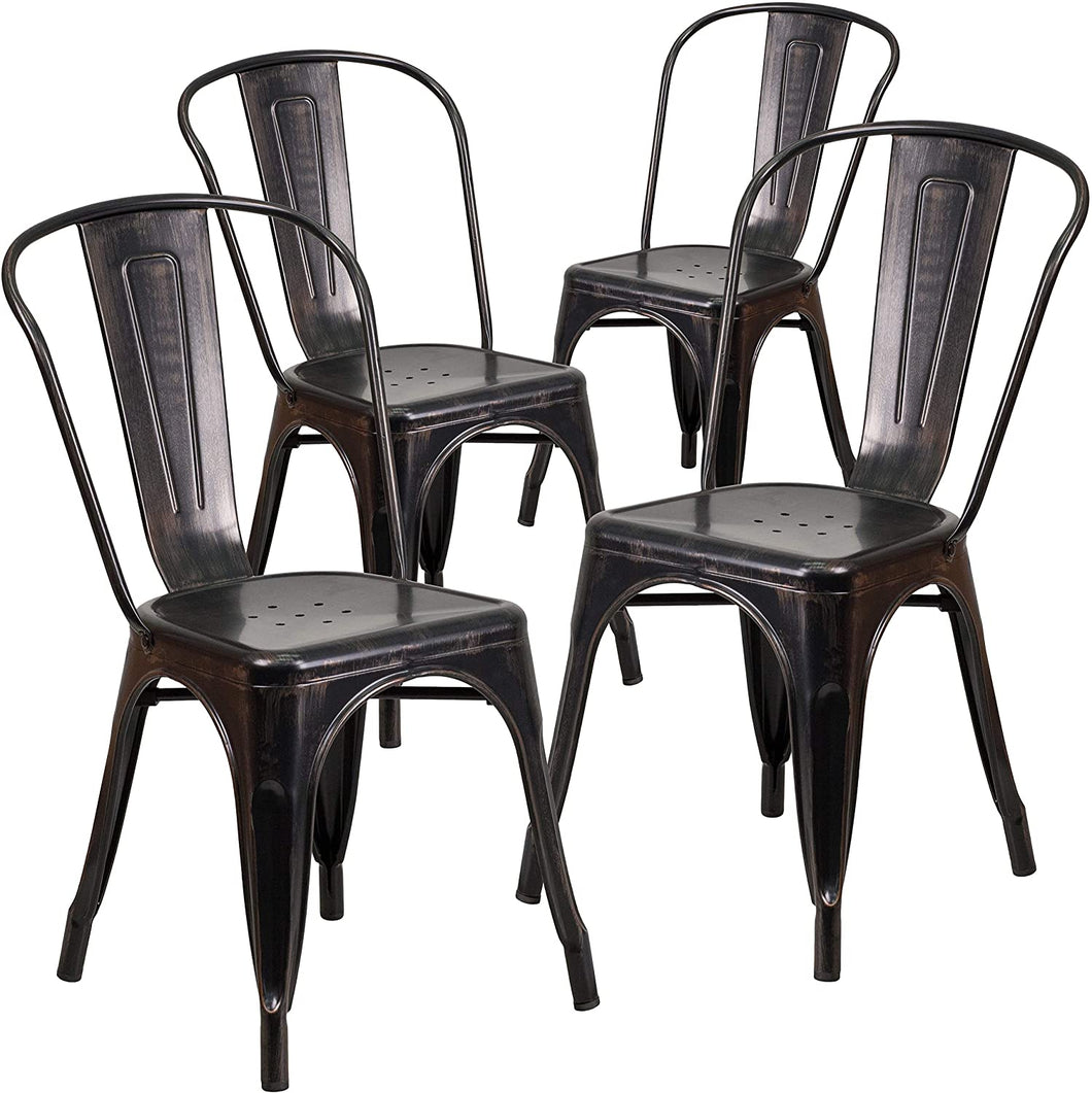 Flash Furniture Commercial Grade 4 Pack Black-Antique Gold Metal Indoor-Outdoor Stackable Chair