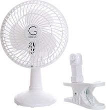 Load image into Gallery viewer, Genesis 6-Inch Clip Convertible Table-Top &amp; Clip Fan Two Quiet Speeds - Ideal For The Home, Office, Dorm, More White