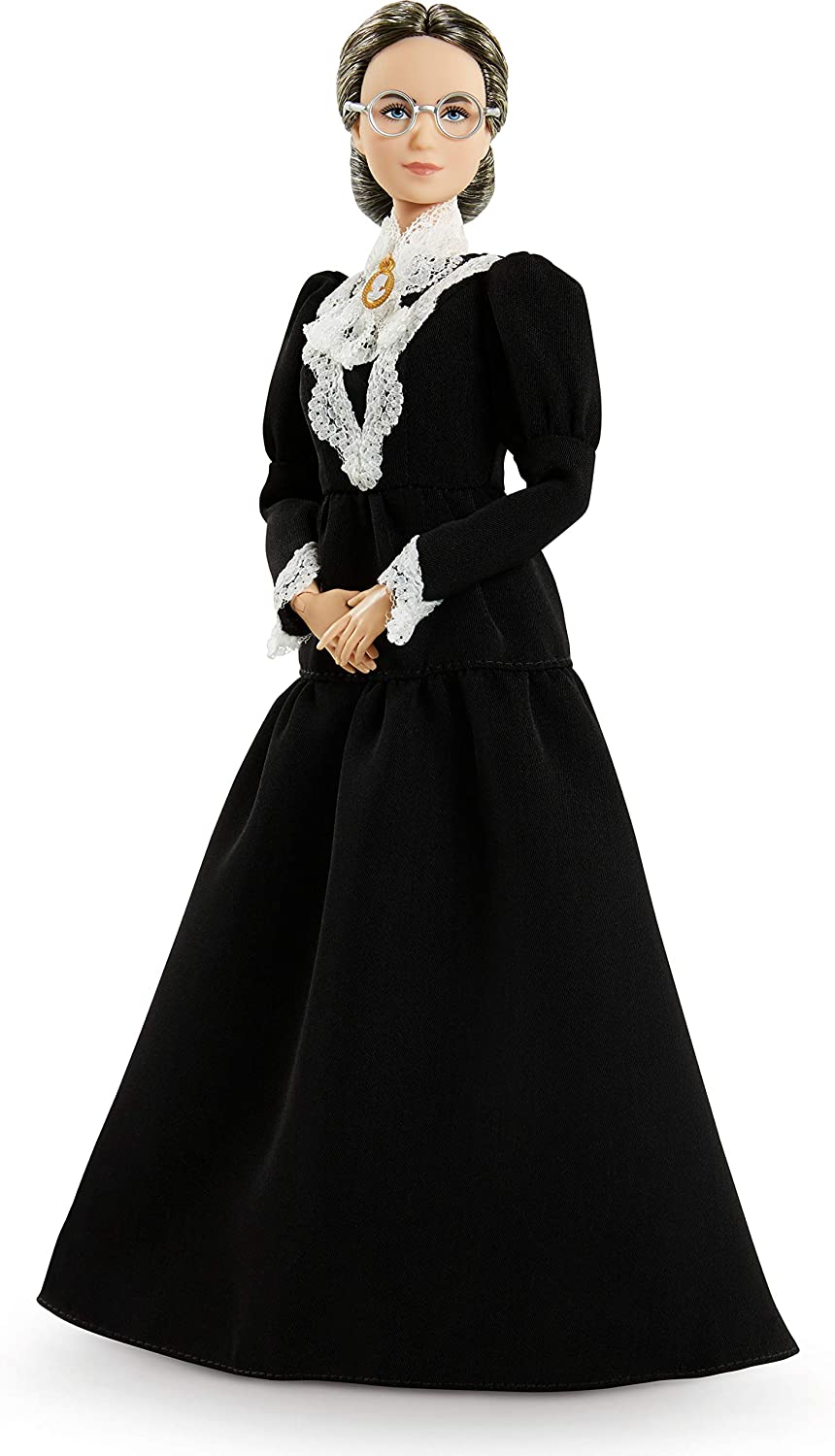 Barbie Inspiring Women Series Susan B, Anthony Collectible Doll, Approx, 12-in, Wearing Black Dress and Cameo Brooch, with Doll Stand and Certificate of Authenticity