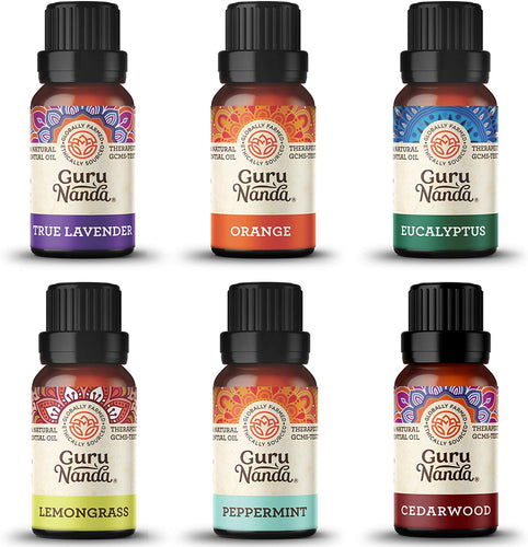 Guru Nanda (Set of 6) Therapeutic Grade Essential Oils - 100% Pure & Natural Aromatherapy Single Notes for Oil Diffusers & Topical Use - Lavender, Peppermint, Eucalyptus, Orange, Lemongrass, Cedarwood
