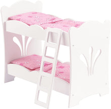 Load image into Gallery viewer, KidKraft Wooden Lil' Doll Bunk Bed with Bedding Set, Furniture for 18" Dolls - White, 20.75" L x 11.57" W x 17.52" H