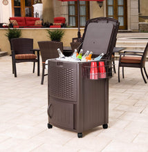 Load image into Gallery viewer, Suncast Resin 77 Quart Wicker-Look Outdoor Patio Cooler with Wheels, Java
