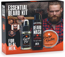 Load image into Gallery viewer, Essential Beard Grooming Kit for Men – USA Made Gift Set Soothes Irritated, Dry Skin, Reduces Acne &amp; Grows Your Beard Faster – Beard Oil, Balm Conditioner &amp; Shampoo Wash