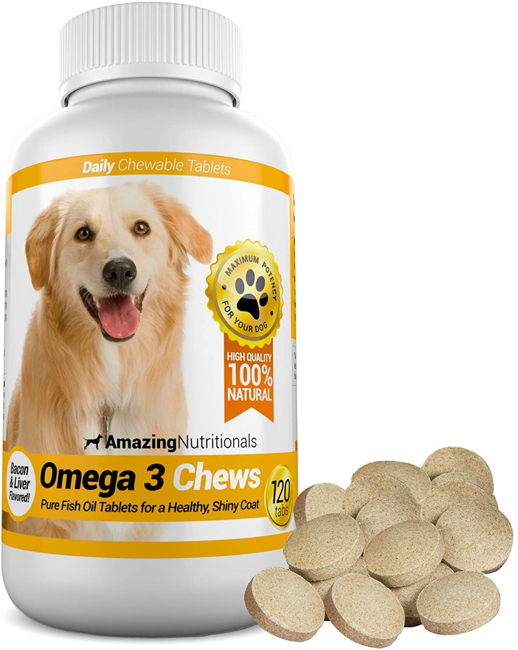 Amazing Omega for Dogs - Dog Fish Oil Pet Antioxidant for Shiny Coat, Joint and Brain Health - 120 Chews