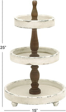 Load image into Gallery viewer, Deco 79 Large, 3-Tier Distressed White &amp; Natural Wood Round Serving Tray Stand, Party Serving Trays, Wood Tray Stand, Farmhouse Style Food Trays | 15” x 25”