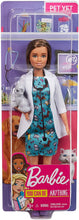 Load image into Gallery viewer, Barbie Pet Vet Brunette Doll with Career Pet-Print Dress, Medical Coat, Shoes and Kitty Patient for Ages 3 and Up , Multi