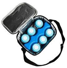 Load image into Gallery viewer, Breastmilk Cooler Bag Set for Nursing Mothers - Includes Baby Bottle Cooler Tote, (6) 5 oz Breast Milk Bottles, (6) Solid Lids, Contoured Ice Pack for Insulated Storage - Blue