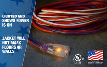 Load image into Gallery viewer, Southwire 2549SWUSA1 100-Feet, Contractor Grade, 12/3 Extension Cord, With Lighted End; Red White And Blue, American Made Extension Cord, Indoor and Outdoor Use, Water Resistant Flexible Jacket