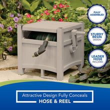 Load image into Gallery viewer, Suncast Resin Outdoor Hideaway 100 ft Durable Storage Reel with Crank Handle and Lid 100' Hose Capacity, Taupe