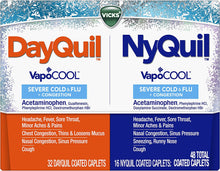 Load image into Gallery viewer, DayQuil and NyQuil SEVERE with Vicks VapoCOOL Cough, Cold &amp; Flu Relief, 48 Caplets (32 Dayquil, 16 Nyquil) - Sore Throat, Fever, and Congestion Relief, Day or Night, (Packaging May Vary)