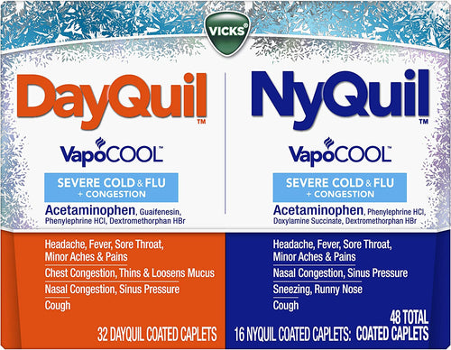 DayQuil and NyQuil SEVERE with Vicks VapoCOOL Cough, Cold & Flu Relief, 48 Caplets (32 Dayquil, 16 Nyquil) - Sore Throat, Fever, and Congestion Relief, Day or Night, (Packaging May Vary)