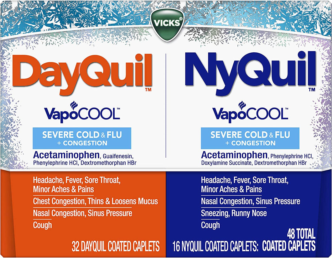 DayQuil and NyQuil SEVERE with Vicks VapoCOOL Cough, Cold & Flu Relief, 48 Caplets (32 Dayquil, 16 Nyquil) - Sore Throat, Fever, and Congestion Relief, Day or Night, (Packaging May Vary)