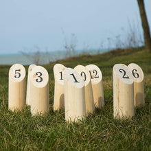 Load image into Gallery viewer, Hey! Play! Wooden Throwing Game-Complete Set, 12 Numbered Pins, Throwing Dowel, Carrying Crate-Outdoor Lawn Games For Adults and Kids
