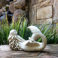 Load image into Gallery viewer, Life's A Beach 97035 Mermaid On Her Side with Table Top Base Antique White Finish Beach and Pool Figurine Statue