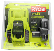 Load image into Gallery viewer, Ryobi P128 Upgrade Kit: Intelliport 18V Lithium Ion Battery Charger (P117) and Single 18V Lithium Ion Battery (P102) Compatible With One+ System