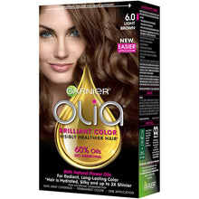 Load image into Gallery viewer, Garnier Olia Ammonia-Free Brilliant Color Oil-Rich Permanent Hair Color, 6.0 Light Brown (Pack of 1) Brown Hair Dye (Packaging May Vary)