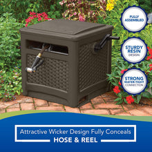 Load image into Gallery viewer, Suncast Resin 225 ft Hideaway Outdoor Storage Reel with Crank Handle, Lid, and Slide Trak Guide 225' Hose Capacity, Durable, Java