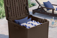 Load image into Gallery viewer, Suncast 60-Gallon Medium Deck Box - Lightweight Resin Indoor/Outdoor Storage Container and Seat for Patio Cushions and Gardening Tools - Store Items on Patio, Garage, Yard - Java
