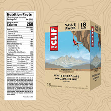 Load image into Gallery viewer, CLIF BARS - Energy Bars - White Chocolate Macadamia Nut Flavor - Made with Organic Oats - Plant Based Food - Vegetarian - Kosher (2.4 Ounce Protein Bars, 18 Count) Packaging May Vary