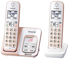 Load image into Gallery viewer, PANASONIC Expandable Cordless Phone System with Link2Cell Bluetooth, Voice Assistant, Answering Machine and Call Blocking - 2 Cordless Handsets - KX-TGD562G (Rose Gold/White)