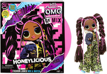 Load image into Gallery viewer, LOL Surprise OMG Remix Honeylicious Fashion Doll, Plays Music with 25 Surprises Including Shoes, Hair Brush, Doll Stand, Magazine, and Record Player Package - for Girls Ages 4+
