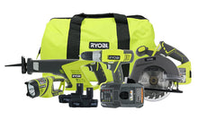 Load image into Gallery viewer, Ryobi P883 One+ 18V Lithium Ion Cordless Contractor’s Kit (8 Pieces: 1 x P704 Worklight, 1 x P515 Reciprocating Saw, 1 x Circular Saw, 1 x P271 Drill / Driver, 2 x Batteries, 1 x Charger, 1 x Bag)