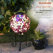 Load image into Gallery viewer, Alpine Corporation Outdoor Solar Powered Pink Glass Mosaic Gazing Globe with LED Lights and Metal Stand, Violet