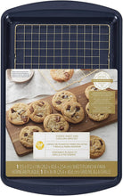 Load image into Gallery viewer, Wilton Non-Stick Diamond-Infused Large Navy Blue Cookie Sheet with Gold Cooling Grid Set