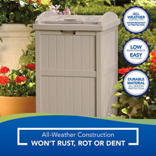 Load image into Gallery viewer, Suncast 33 Gallon Hideaway Trash Can for Patio - Resin Outdoor Trash with Lid - Use in Backyard, Deck, or Patio - Taupe