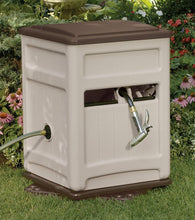 Load image into Gallery viewer, Suncast Resin Swivel Hose Hideaway and Storage Bin with Hose Guide - Durable Outdoor Automatic Hose Storage Reel with Swivel Base, Crank Handle, Lid, Slide Trak Hose Guide, and Storage - 225' Hose Capacity - Mocha and Taupe