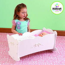 Load image into Gallery viewer, KidKraft Tiffany Bow Scalloped-Edge Wooden Lil Doll Rocking Cradle with Comforter, Pad and Pillow - White