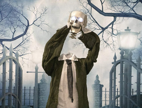 Haunted Hill Farm HHMAN-1FLSA Life-Size Animated Moaning Butler Prop Holding Silver Tray, Battery-Operated Indoor/Outdoor Halloween Decoration, Color 1