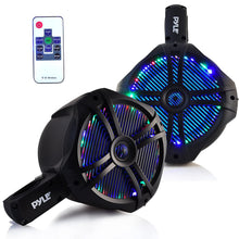 Load image into Gallery viewer, Waterproof Marine Wakeboard Tower Speakers - 8in Dual Subwoofer Speaker Set and 1” Tweeter, LED Lights and 260 Watt Power - 2-way Boat Audio System with Mounting Bracket - 1 Pair - PLMRWB85LEB (Black)
