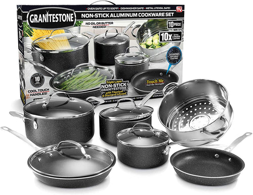 GRANITESTONE 10 Piece Nonstick Cookware Set, Scratch-Resistant, Granite-Coated, Dishwasher and Oven-Safe, PFOA-Free As Seen On TV