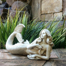 Load image into Gallery viewer, Life's A Beach 97035 Mermaid On Her Side with Table Top Base Antique White Finish Beach and Pool Figurine Statue