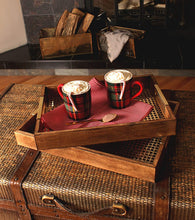 Load image into Gallery viewer, Kate and Laurel Hanneli Modern Glam Set of 2 Decorative Wood Nesting Trays in Walnut Finish with Gold Perforated Metal Base and Handles